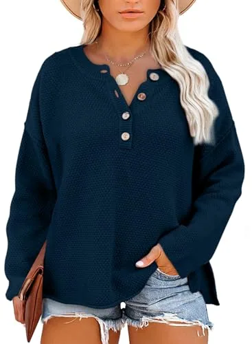 V Neck Long Sleeve Loose Pullover Sweater, Mazarine