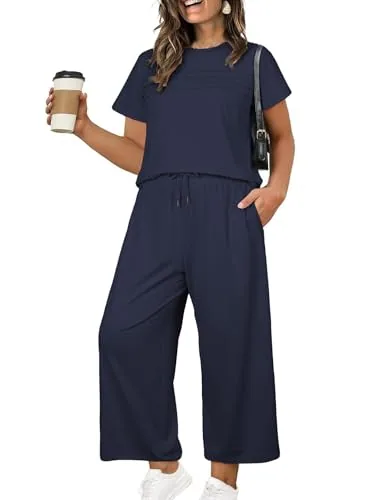 High Waist Wide Leg Crew Neck Short Sleeve Lounge Set II, Navy Blue