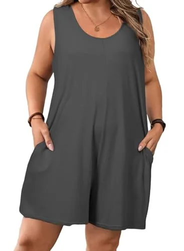 Crew Neck Sleeveless Oversized Romper, Gray
