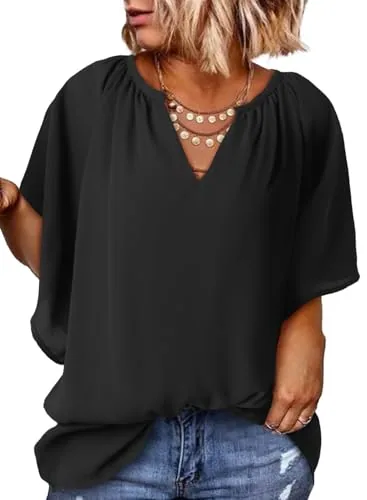 Chiffon V Neck Short Sleeve Loose Blouse II, Black