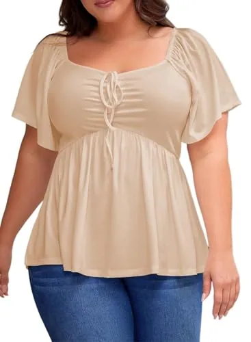 Sweetheart Neck Short Sleeve Smocked Peplum Top, Beige