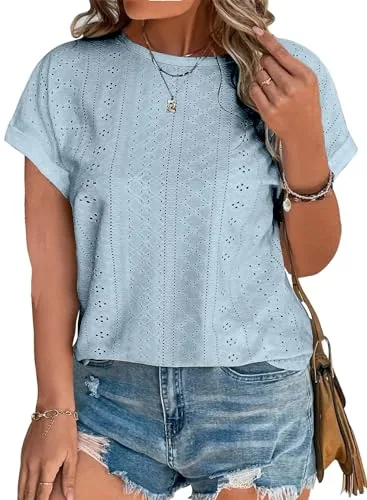 Crew Neck Short Sleeve Loose Tunic, Light Blue