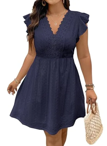 Lace V Neck Cap Sleeve Dress, Navy Blue