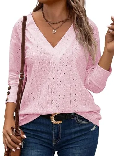 Lace V Neck Blouse, Light Pink