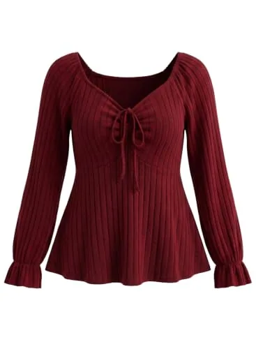 V Neck Long Sleeve Peplum Top, Red