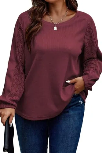 Waffle Knit Crew Neck Long Sleeve Tee, Burgundy