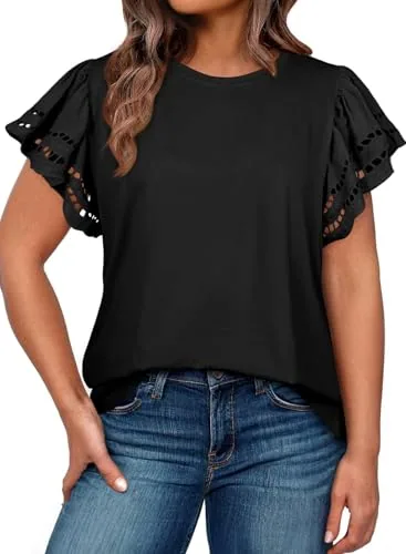 Crew Neck Short Sleeve Loose Blouse, Black