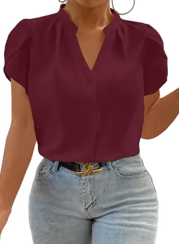 Chiffon V Neck Short Sleeve Loose Blouse, Red