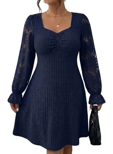 Square Neck Long Sleeve Dress, Navy Blue