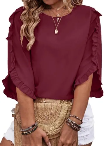Crew Neck 3/4 Sleeve Blouse, Burgundy