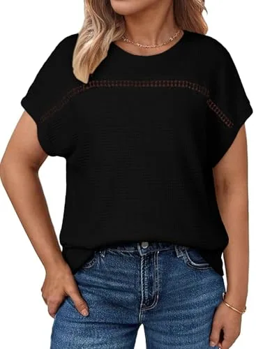 Waffle Knit Crew Neck Short Sleeve Loose Tee, Black