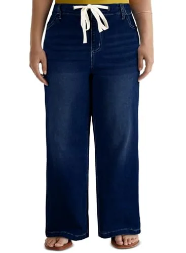 Elastic Waist Wide Leg Jeans, Blue