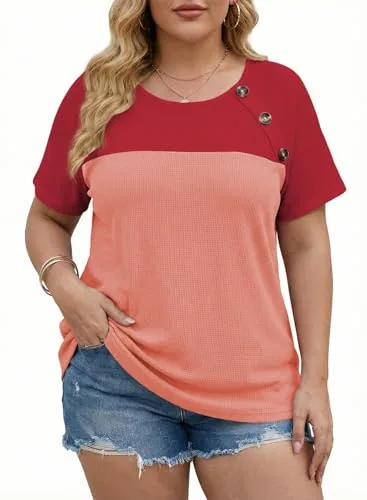 Ribbed Knit Crew Neck Loose Tee, Red