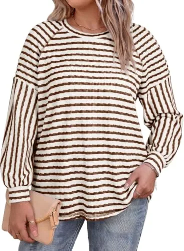 Striped Crew Neck Long Sleeve Blouse, Brown Stripe