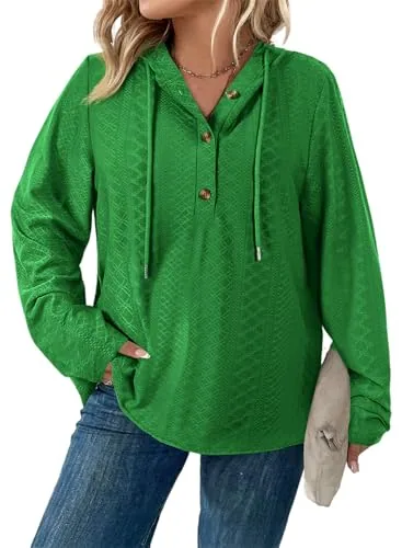 Drawstring V Neck Long Sleeve Hoodie II, Bright Green