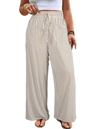 Striped High Waist Loose Palazzo Pants, Apricot Stripe