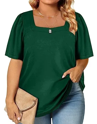 Square Neck Puff Sleeve Loose Tee, Green