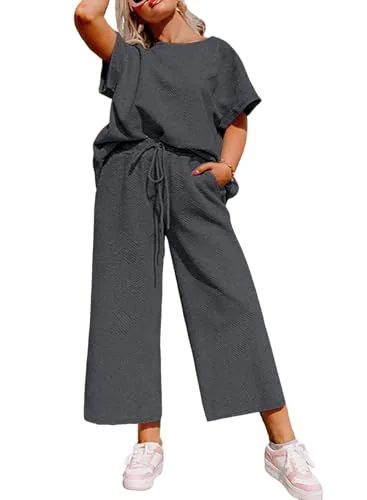 High Waist Oversized Crew Neck Short Sleeve Lounge Set II, Medium Grey
