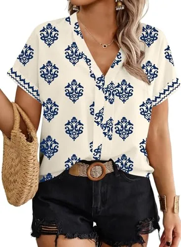 Floral V Neck Short Sleeve Blouse, Light Blue