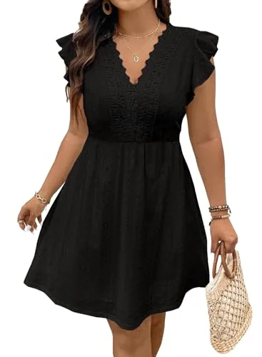 Lace V Neck Cap Sleeve Dress, Black