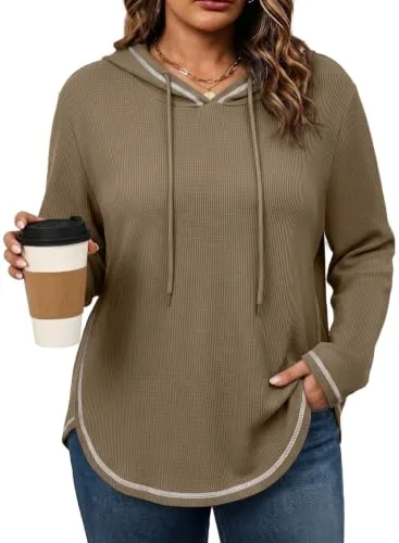 V Neck Long Sleeve Drawstring Sweatshirt III, Parchment
