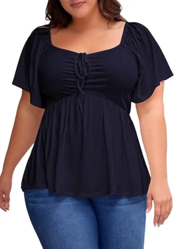 Sweetheart Neck Short Sleeve Loose Peplum Top, Blue