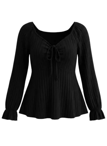 V Neck Long Sleeve Drawstring Blouse II, Black