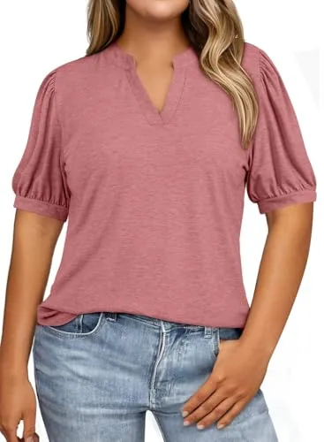 V Neck Short Sleeve Loose Tee, Rose Pink