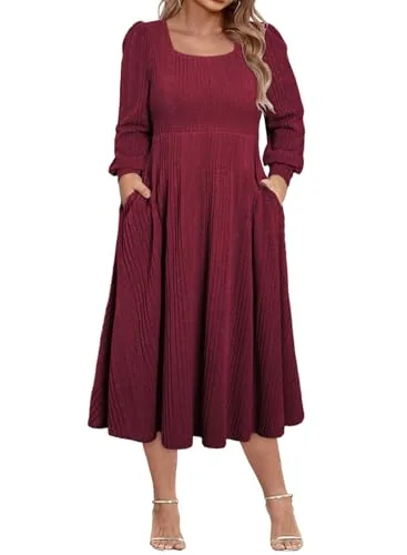 Square Neck Long Sleeve Flowy Midi Dress, Burgundy