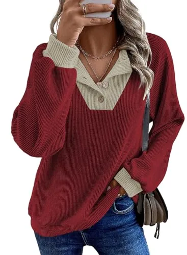 Colour Block V Neck Long Sleeve Sweatshirt, Red