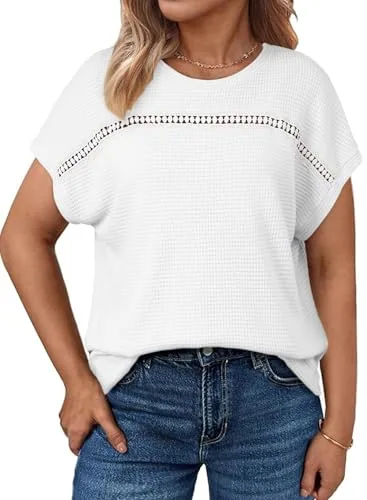Waffle Knit Crew Neck Short Sleeve Tee, White