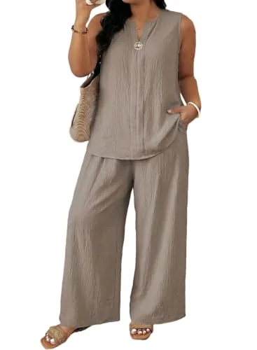 High Waist Wide Leg V Neck Sleeveless Two-Piece Set, Simply Taupe
