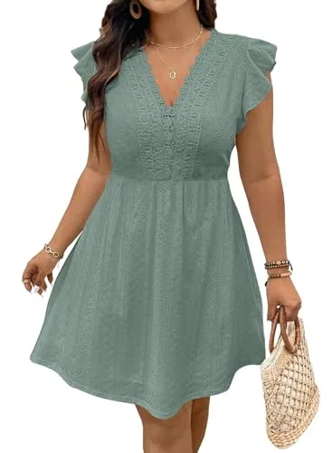 Lace V Neck Ruffle Sleeve Dress, Green