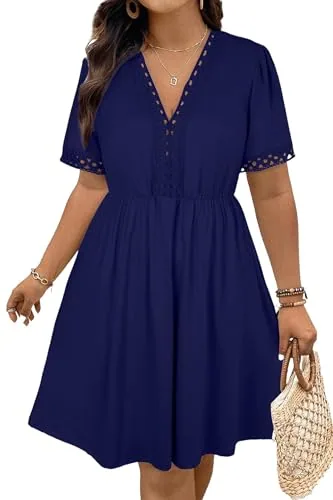 Lace V Neck Short Sleeve Elastic Waist Dress, Navy Blue