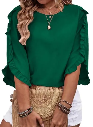 Crew Neck 3/4 Sleeve Blouse, Dark Green