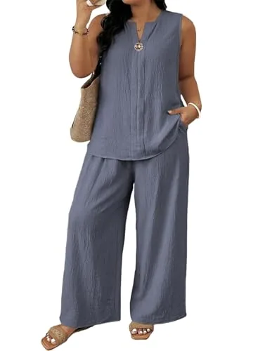 High Waist Wide Leg V Neck Sleeveless Two-Piece Set, Sleet