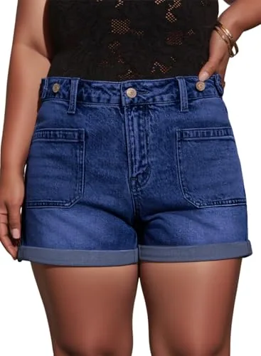 Denim High Waist Shorts, Navy Blue