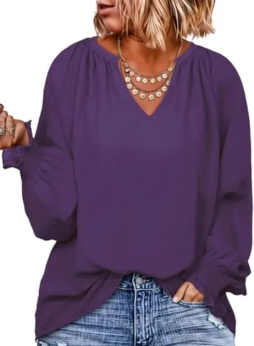 V Neck Long Sleeve Smocked Top, Tillandsia Purple