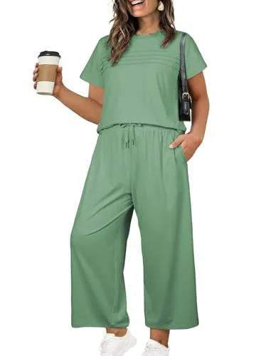 High Waist Wide Leg Crew Neck Short Sleeve Two-Piece Set, Grass Green