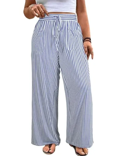 Striped High Waist Loose Palazzo Pants, Blue Stripe