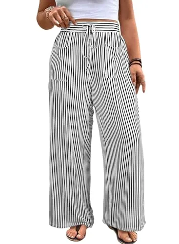 Striped High Waist Loose Palazzo Pants, Black Stripe