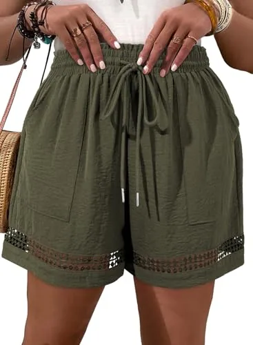 Lace High Waist Loose Shorts, Moss Green