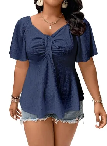Lace Sweetheart Neck Short Sleeve Peplum Top, Blue