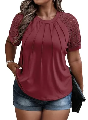 Lace Crew Neck Puff Sleeve Tee, Burgundy