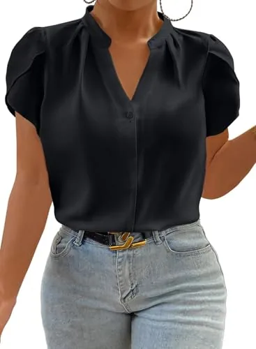 V Neck Short Sleeve Oversized Blouse, Black