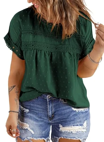 Chiffon Crew Neck Short Sleeve Blouse, Blackish Green