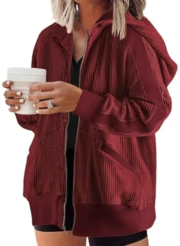 Waffle Knit Hoodie, Red