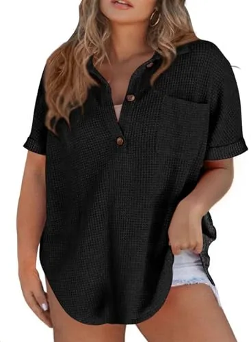 Waffle Knit V Neck Short Sleeve Blouse, Black