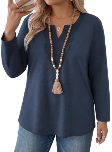 Lace V Neck Long Sleeve Tunic, Dirty Blue