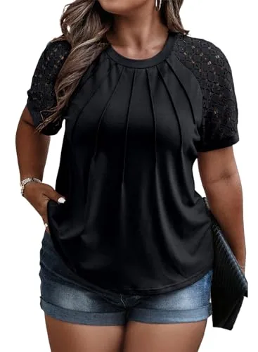 Lace Round Neck Short Sleeve Tee, Black